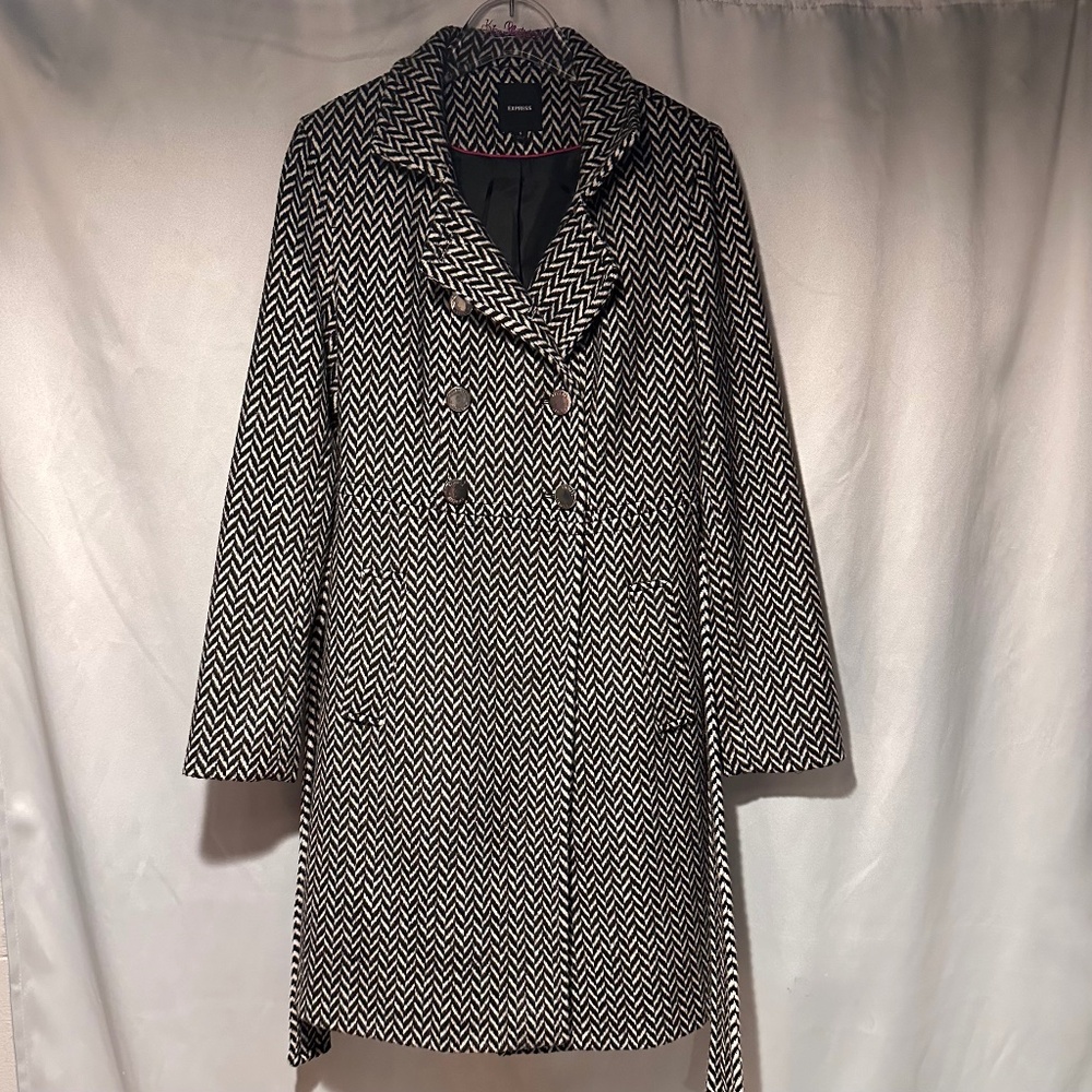 Classic Black and White Herringbone Womens Trench Style Coat Size Small